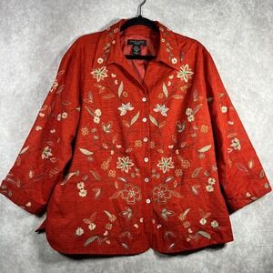 Silk Land Blazer Jacket Womens 2X Red Floral Embroidered Button Front Fall Artsy